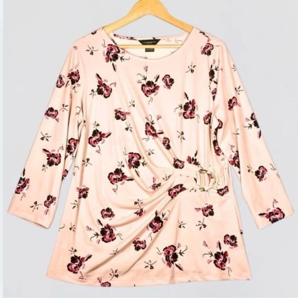 Liz Claiborne Career Pink Floral Print Ring-Buckle Ruched Blouse Size L